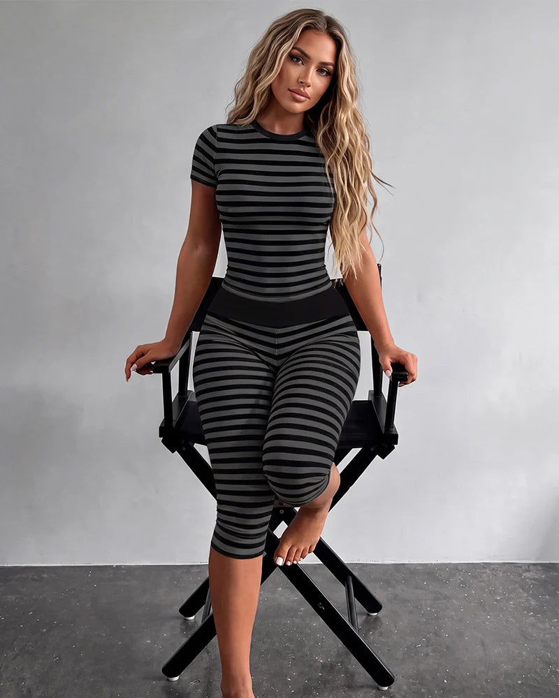 Striped Short Sleeve Top & Capri Leggings Set
