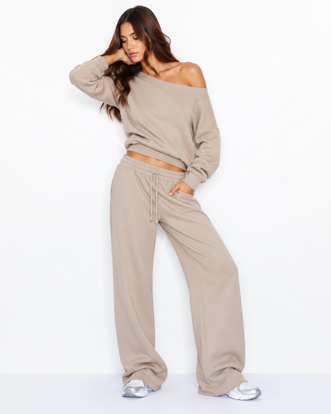 Off-Shoulder Relaxed Sweatshirt & Wide-Leg Pants Set