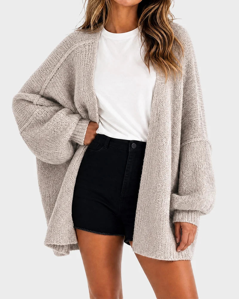 Oversized Lantern-Sleeve Open-Front Knit Cardigan