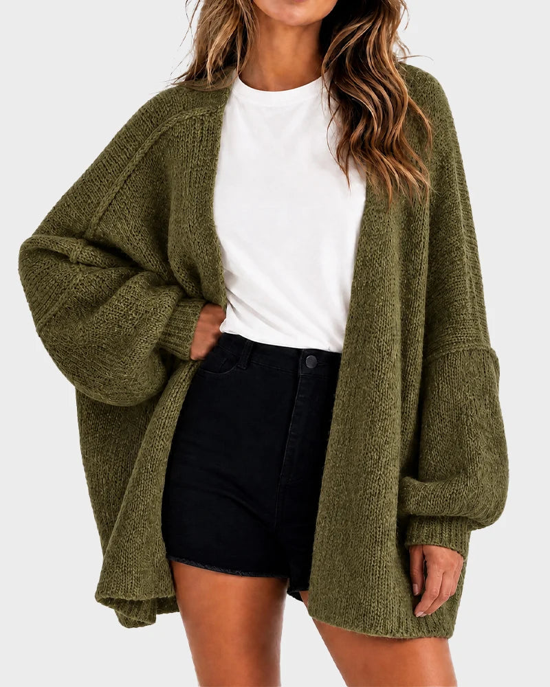Oversized Lantern-Sleeve Open-Front Knit Cardigan