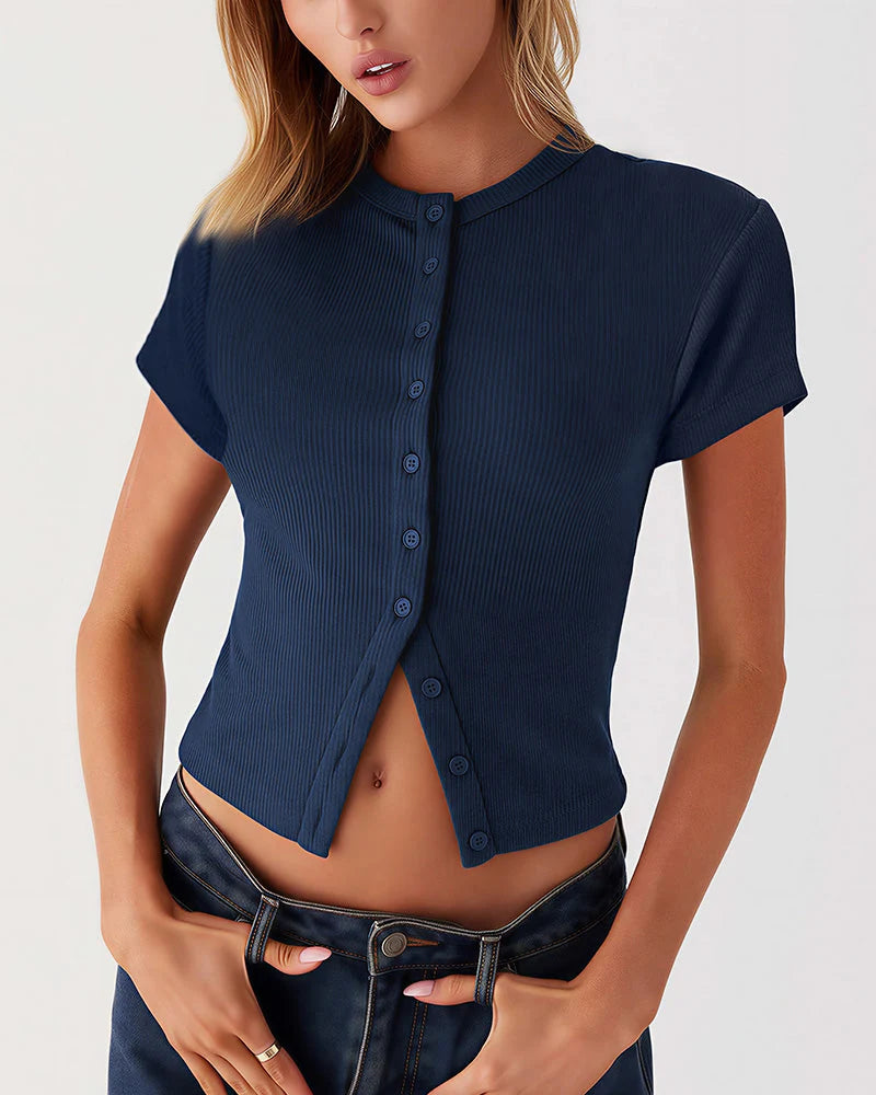 Ribbed Button-Front Cropped Tee