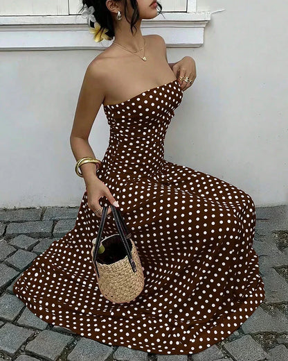 Vintage Polka Dot Strapless Maxi Dress