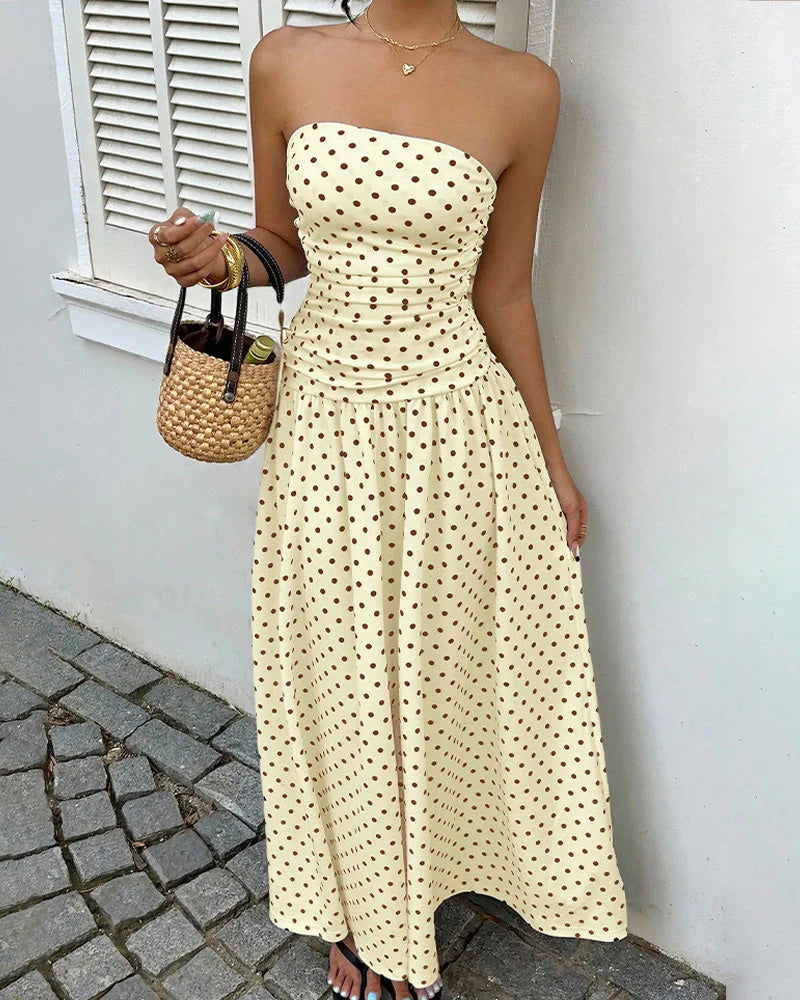 Vintage Polka Dot Strapless Ruffle Maxi Dress