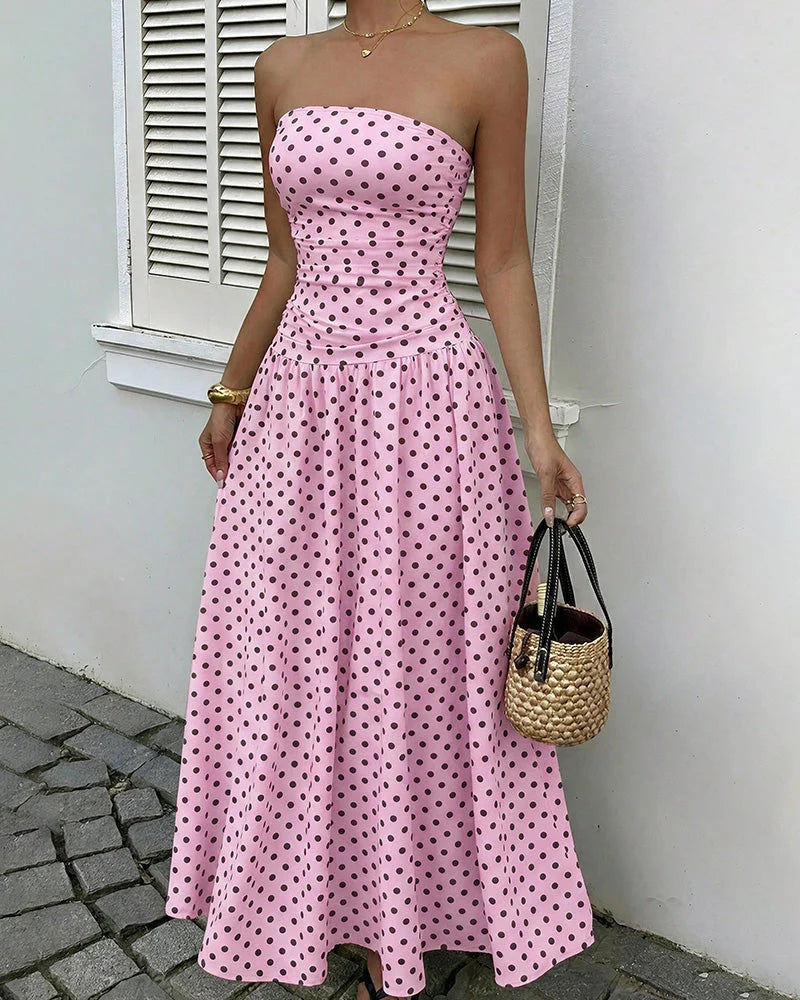 Vintage Polka Dot Strapless Maxi Dress