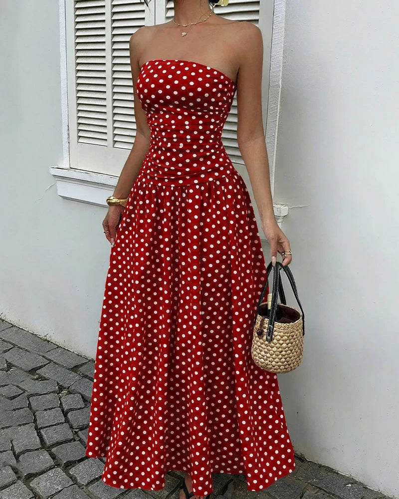 Vintage Polka Dot Strapless Maxi Dress