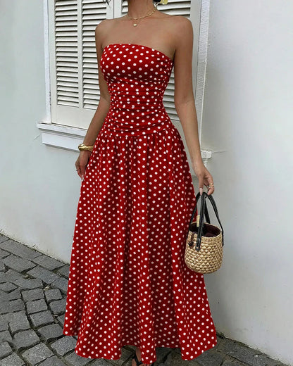 Vintage Polka Dot Strapless Maxi Dress