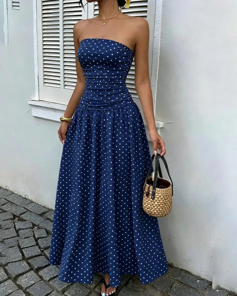 Vintage Polka Dot Strapless Ruffle Maxi Dress
