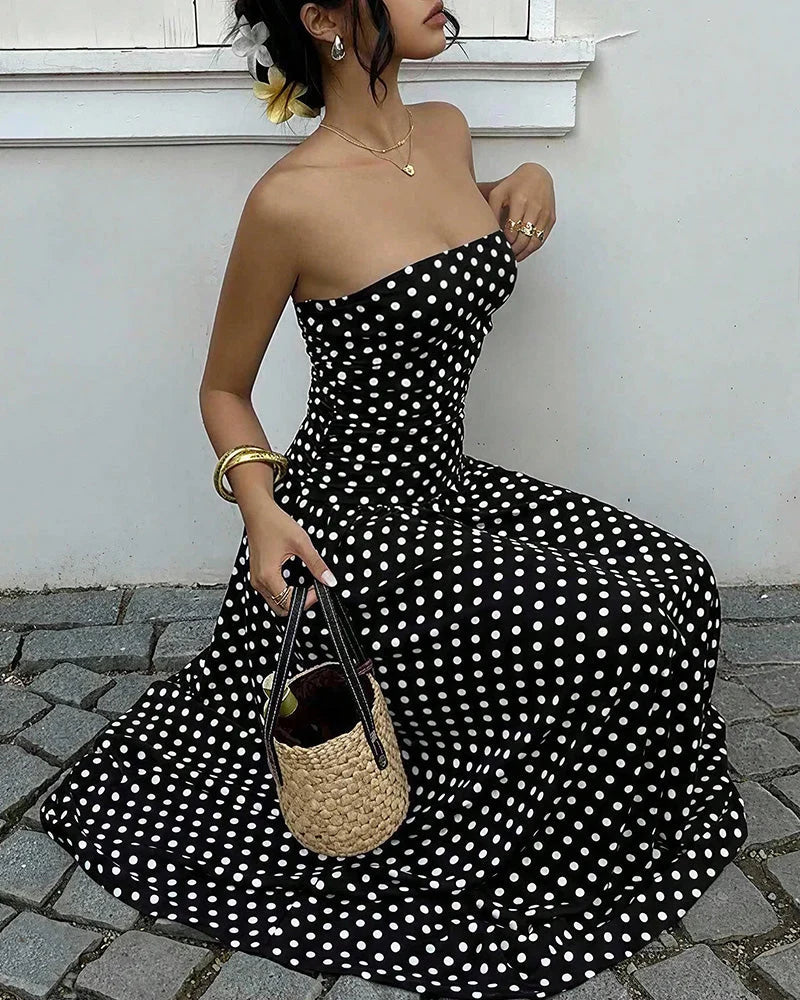 Vintage Polka Dot Strapless Ruffle Maxi Dress