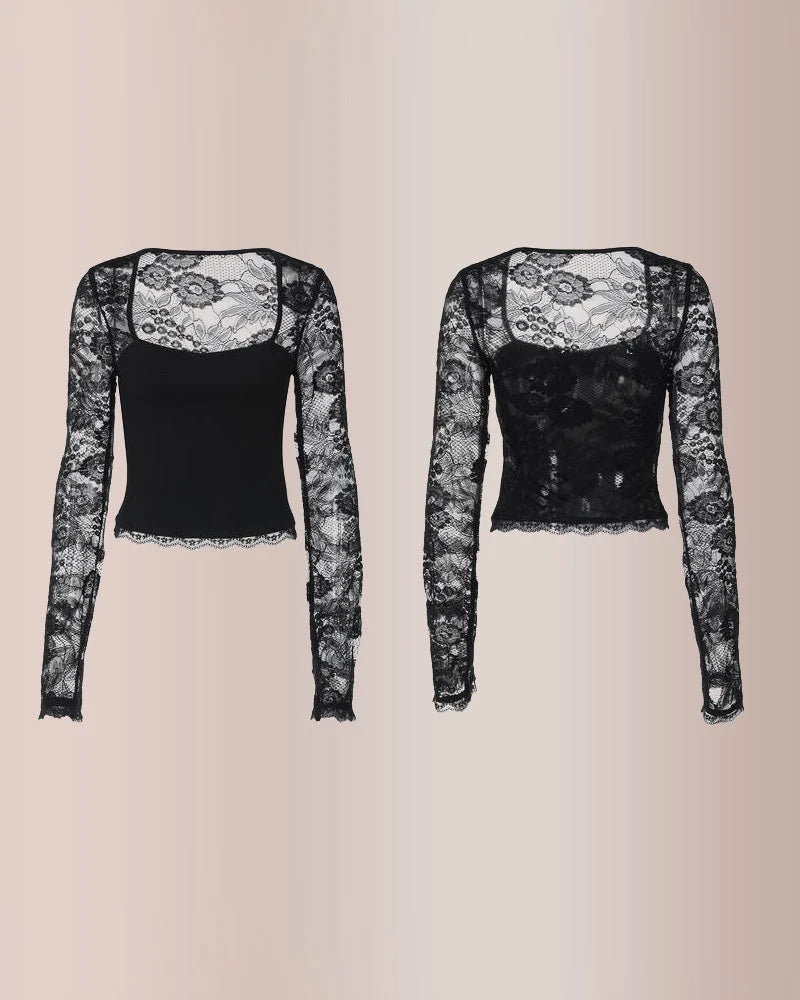 Sheer Lace Floral Long Sleeve Top