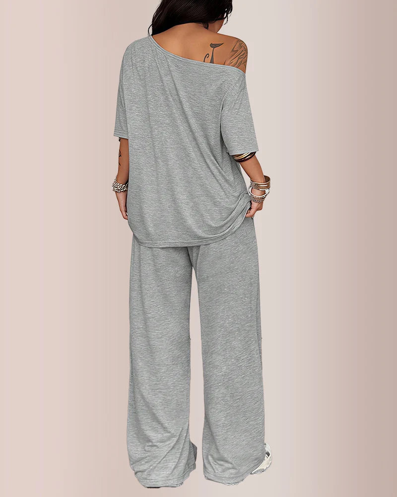 Off-Shoulder Top & Wide Leg Pants Lounge Set