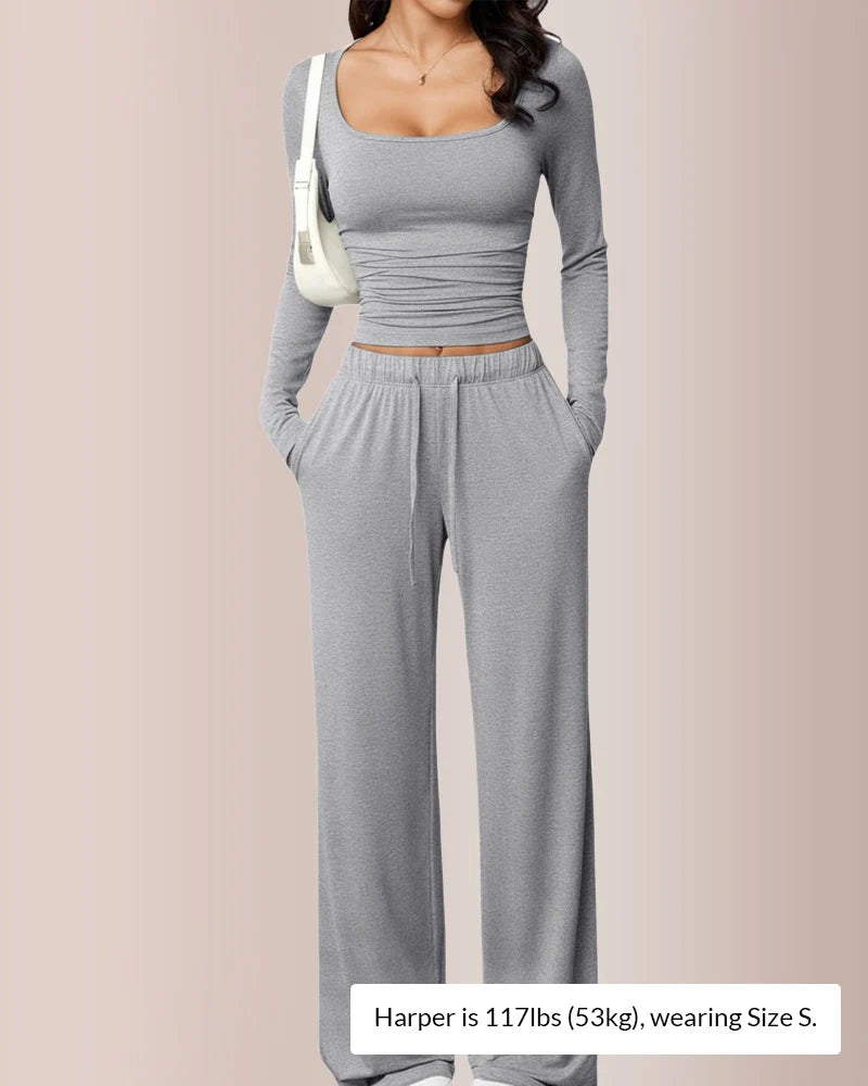 Square Neck Crop Top & Wide Leg Pants Set