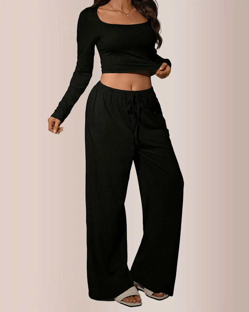 Square Neck Crop Top & Wide Leg Pants Set