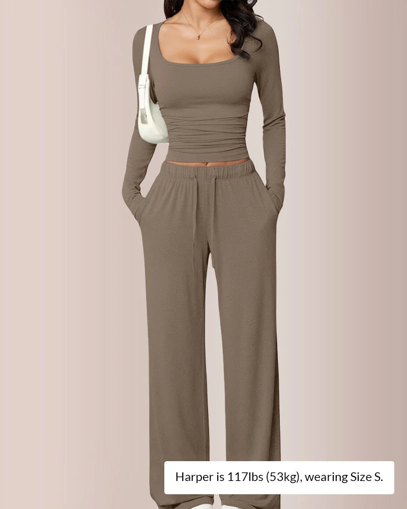 Square Neck Crop Top & Wide Leg Pants Set