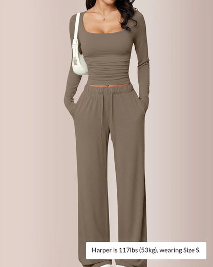 Women’s Square-Neck Crop Top & Wide-Leg Pants Set