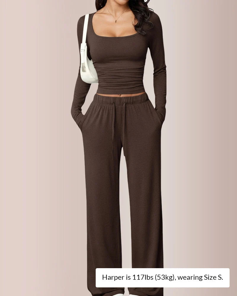 Square Neck Crop Top & Wide Leg Pants Set