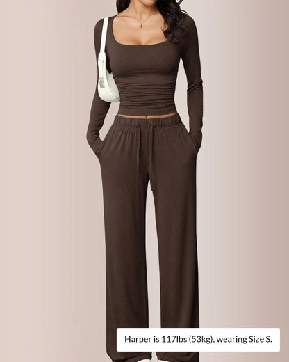 Women’s Square-Neck Crop Top & Wide-Leg Pants Set
