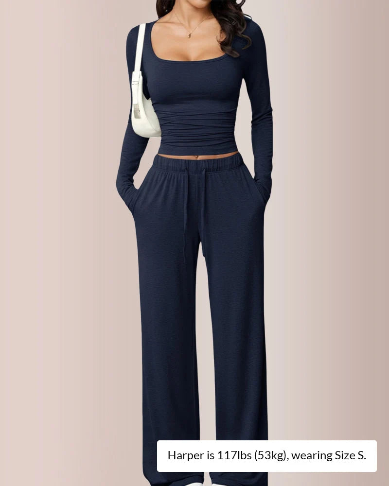 Square Neck Crop Top & Wide Leg Pants Set