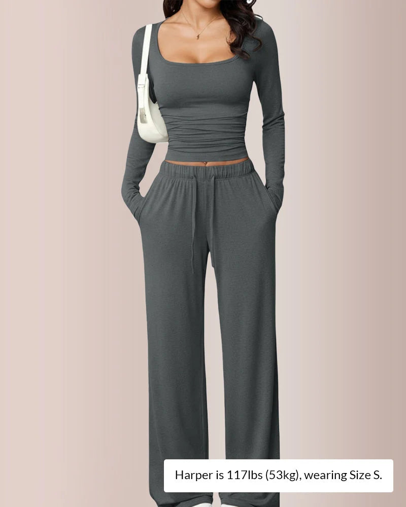 Square Neck Crop Top & Wide Leg Pants Set