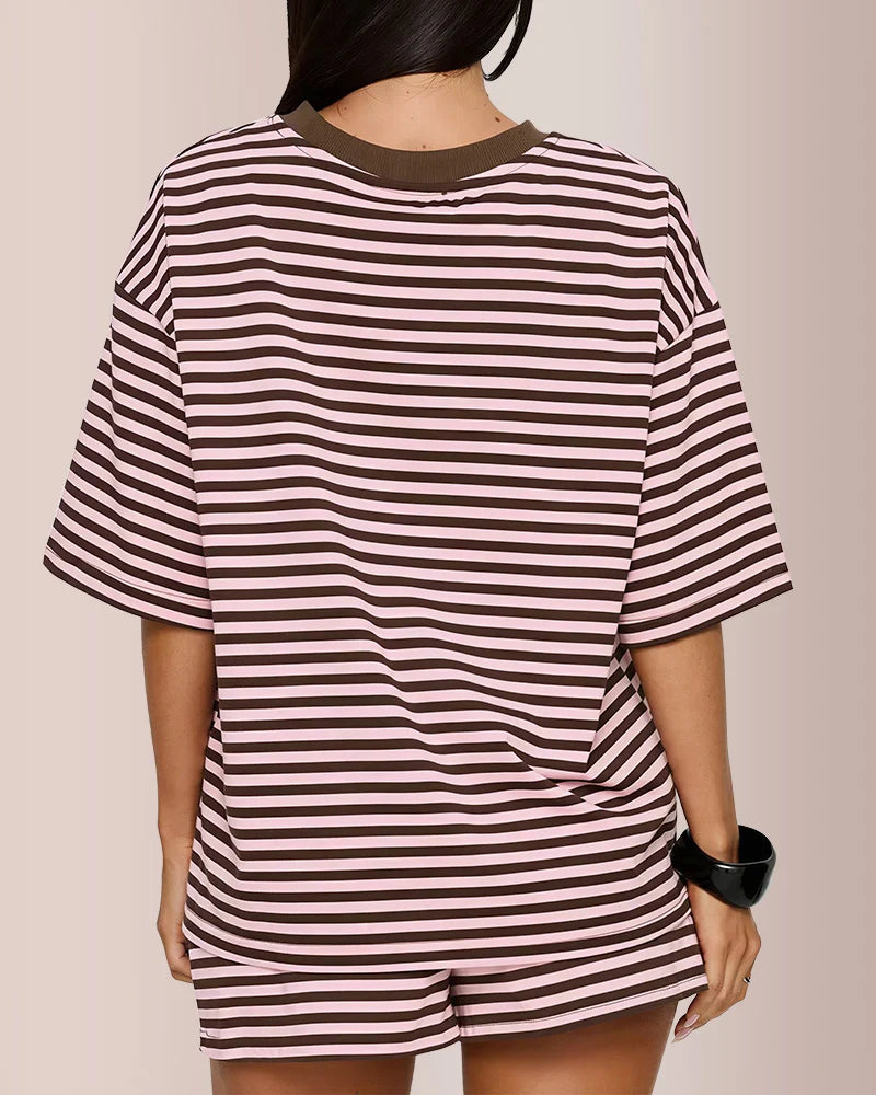 Curvvvy™ Oversized Tee & Drawstring Shorts Striped Lounge Set