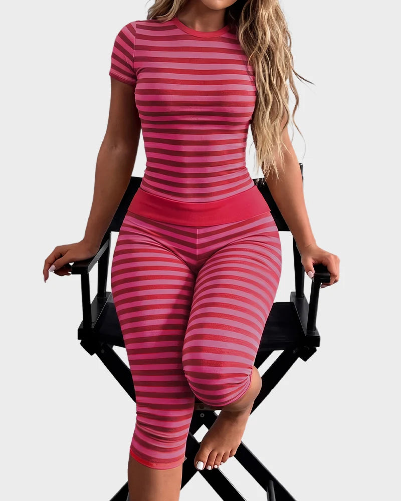 Striped Short Sleeve Top & Capri Leggings Set