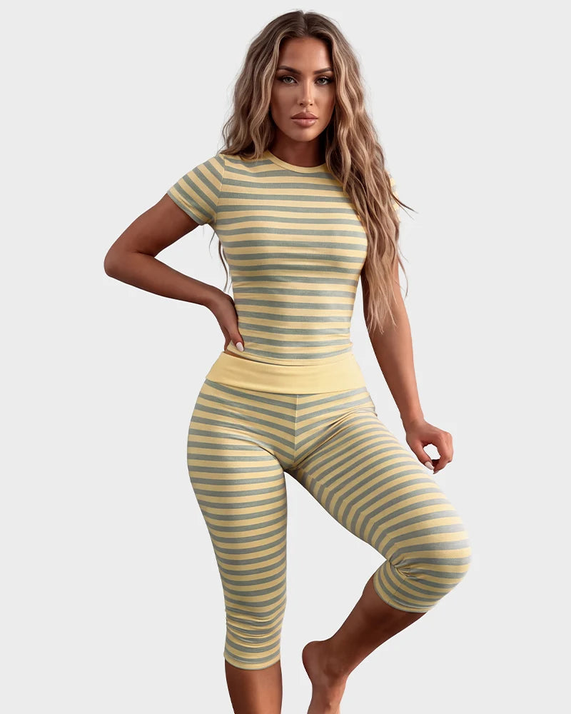 Striped Short Sleeve Top & Capri Leggings Set