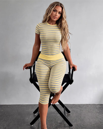 Striped Short Sleeve Top & Capri Leggings Set