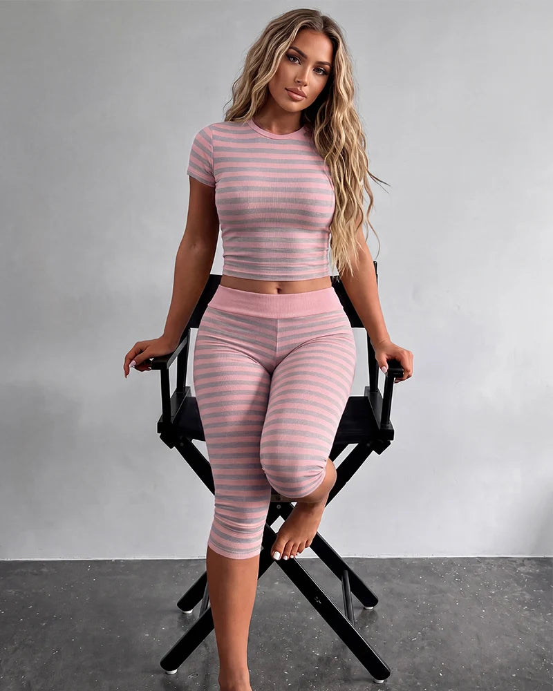 Striped Crop Top & Capri Leggings Set