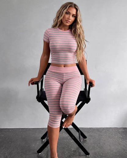 Striped Short Sleeve Top & Capri Leggings Set