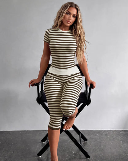 Striped Short Sleeve Top & Capri Leggings Set
