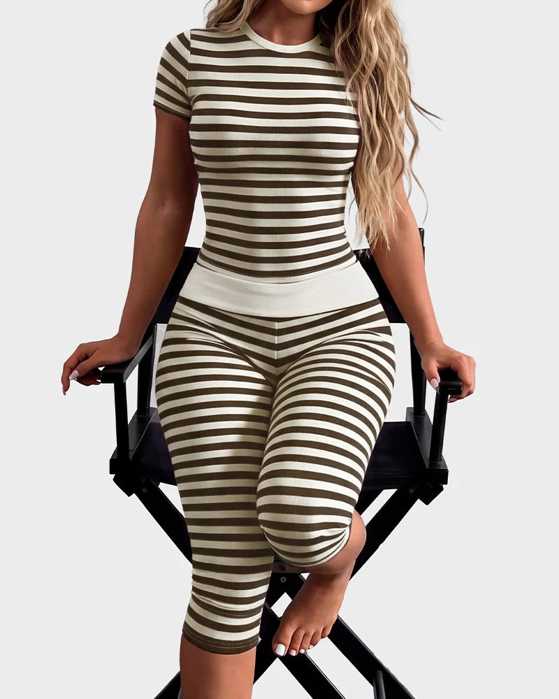 Striped Crop Top & Capri Leggings Set