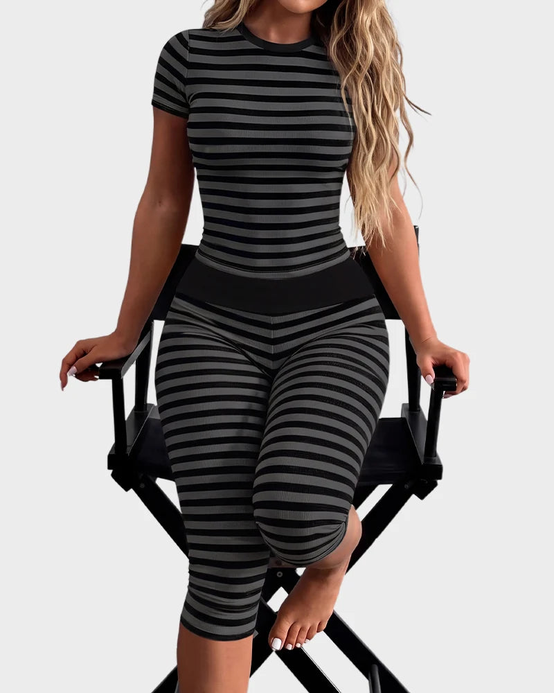 Striped Short Sleeve Top & Capri Leggings Set