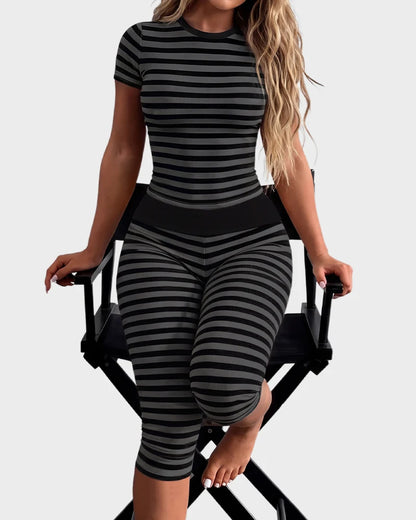 Striped Short Sleeve Top & Capri Leggings Set