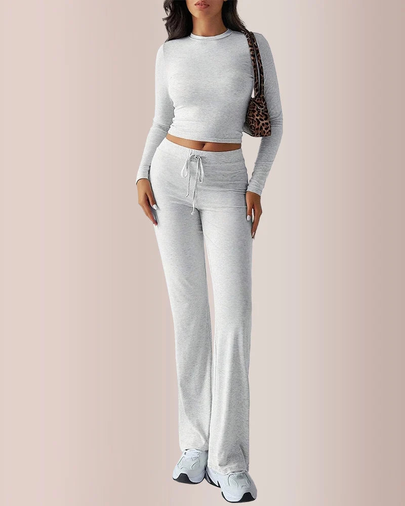Solid Long Sleeve Crop Top & Drawstring Pants Set