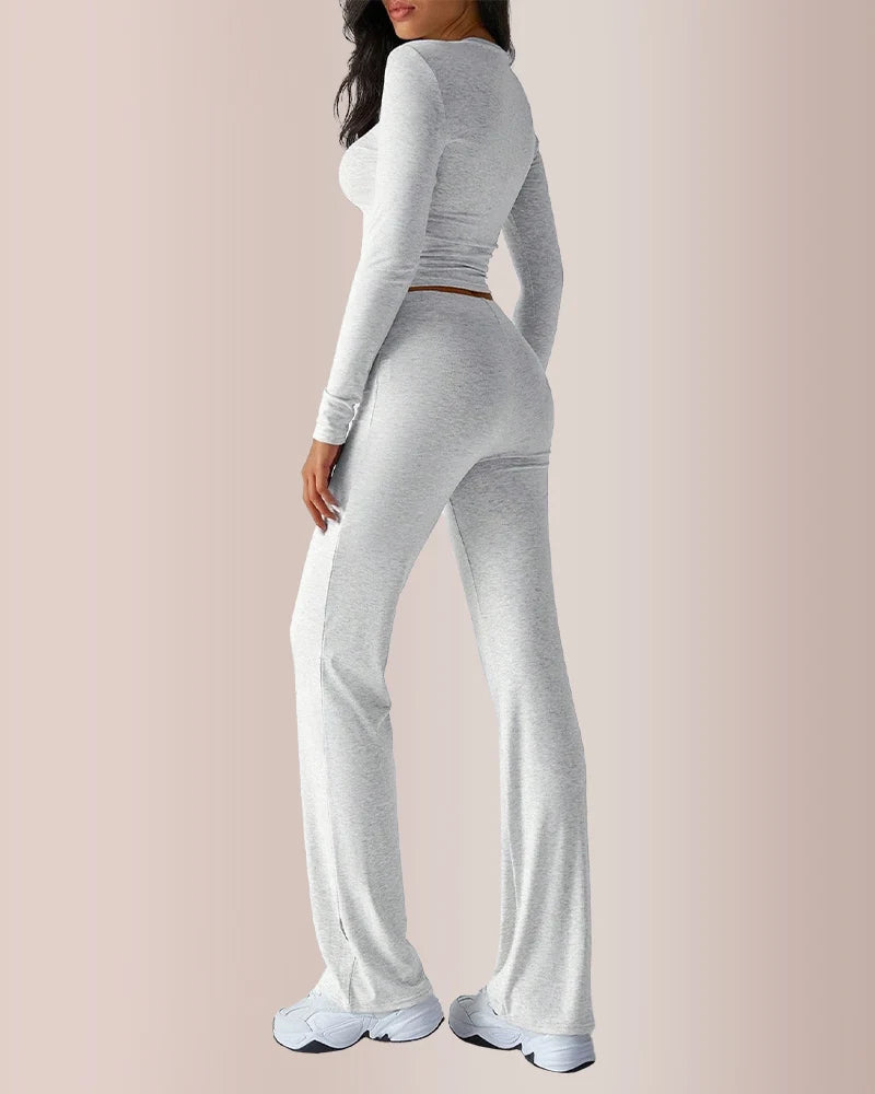 Solid Long Sleeve Crop Top & Drawstring Pants Set