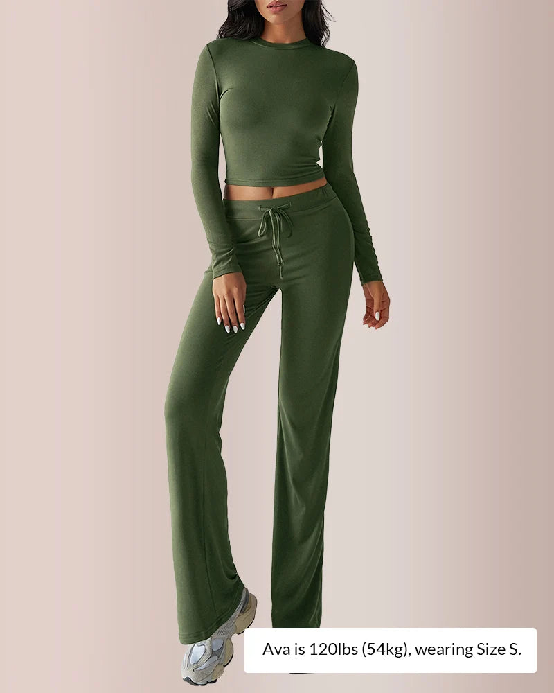 Solid Long Sleeve Crop Top & Drawstring Pants Set