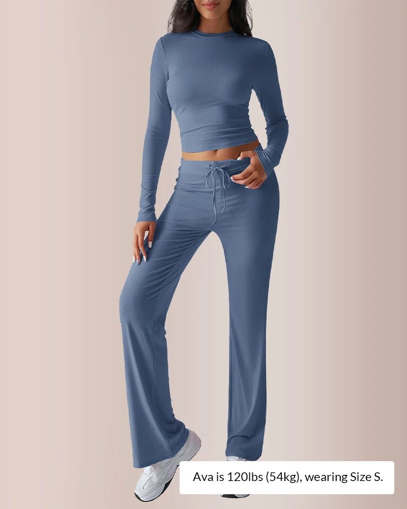 Solid Long Sleeve Crop Top & Drawstring Pants Set