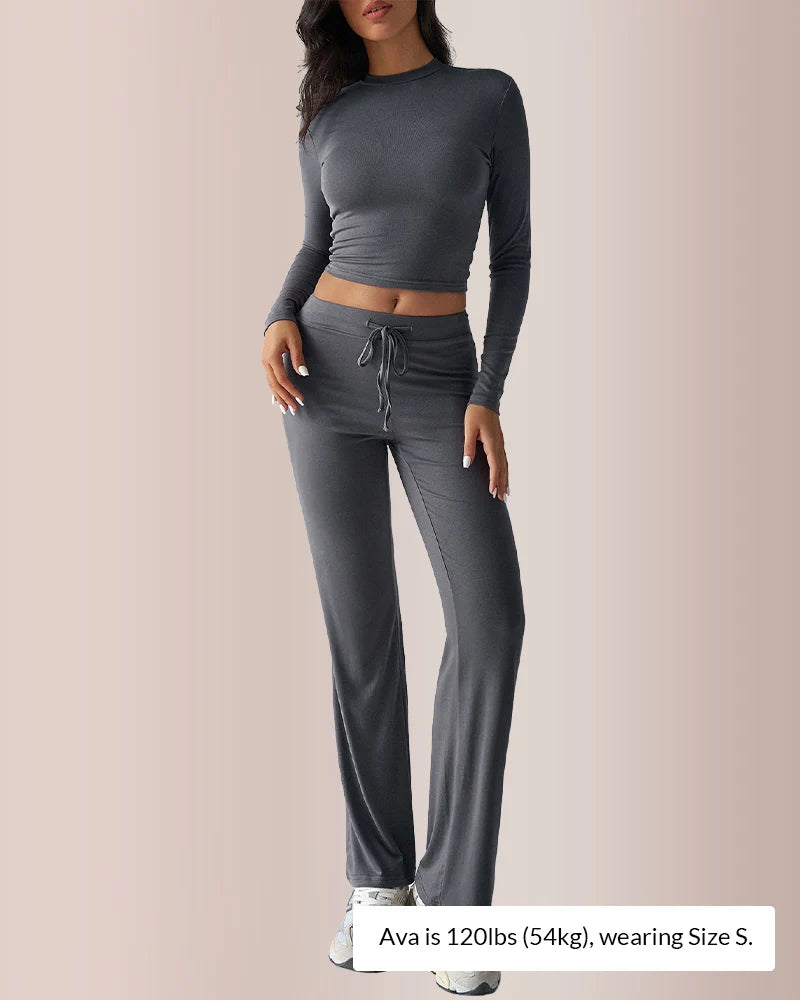 Solid Long Sleeve Crop Top & Drawstring Pants Set