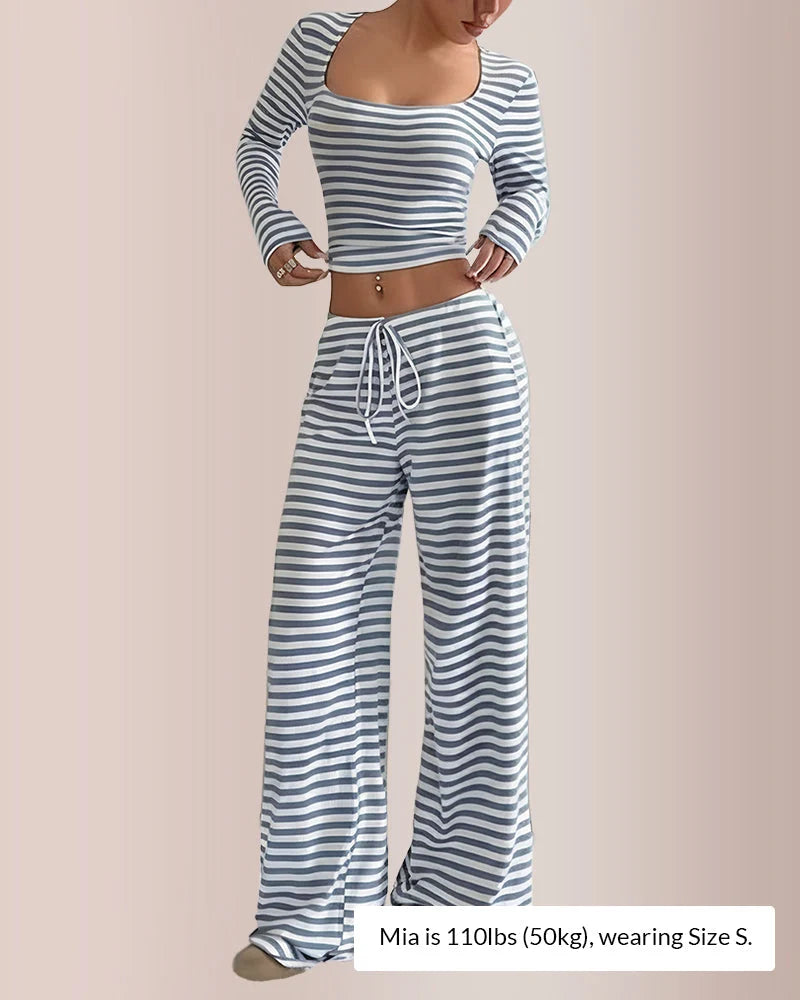 Stripe Square Neck Crop Top & Wide Leg Pants Set