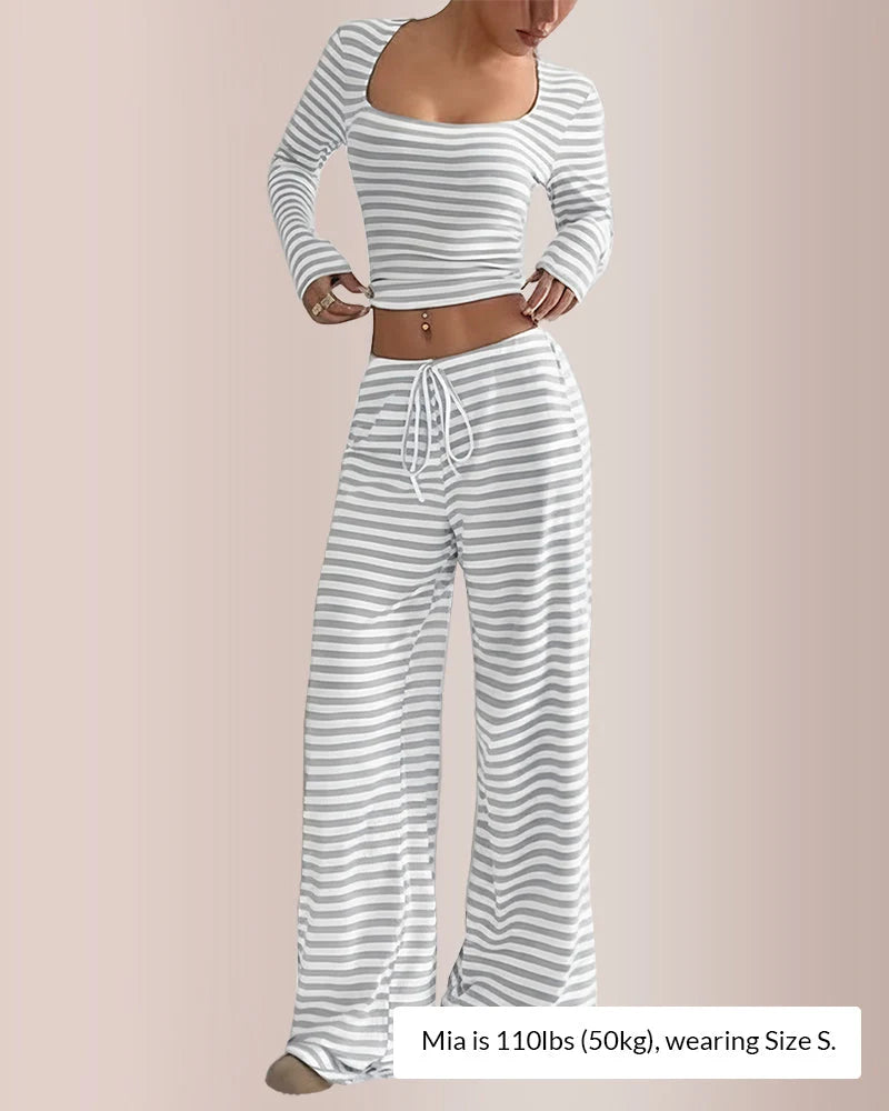 Stripe Square Neck Crop Top & Wide Leg Pants Set