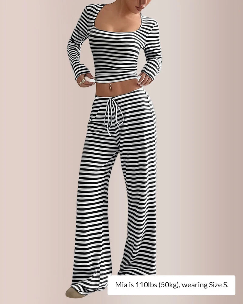 Stripe Square Neck Crop Top & Wide Leg Pants Set