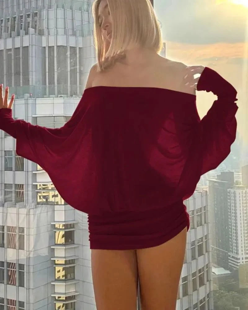 Off-Shoulder Dolman Sleeve Mini Dress
