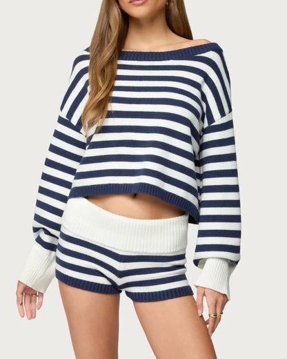 Striped Off Shoulder Oversized Knit Sweater