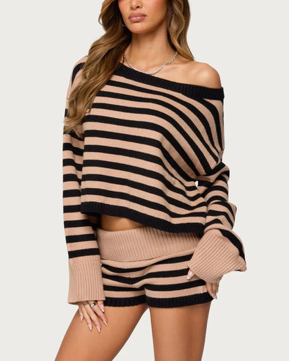 Striped Off Shoulder Oversized Knit Sweater