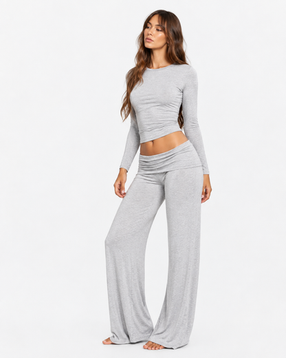 Fitted Long-Sleeve Top & Fold-Over Flare Pants Set