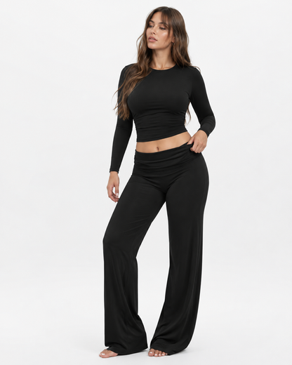 Fitted Long-Sleeve Top & Fold-Over Flare Pants Set