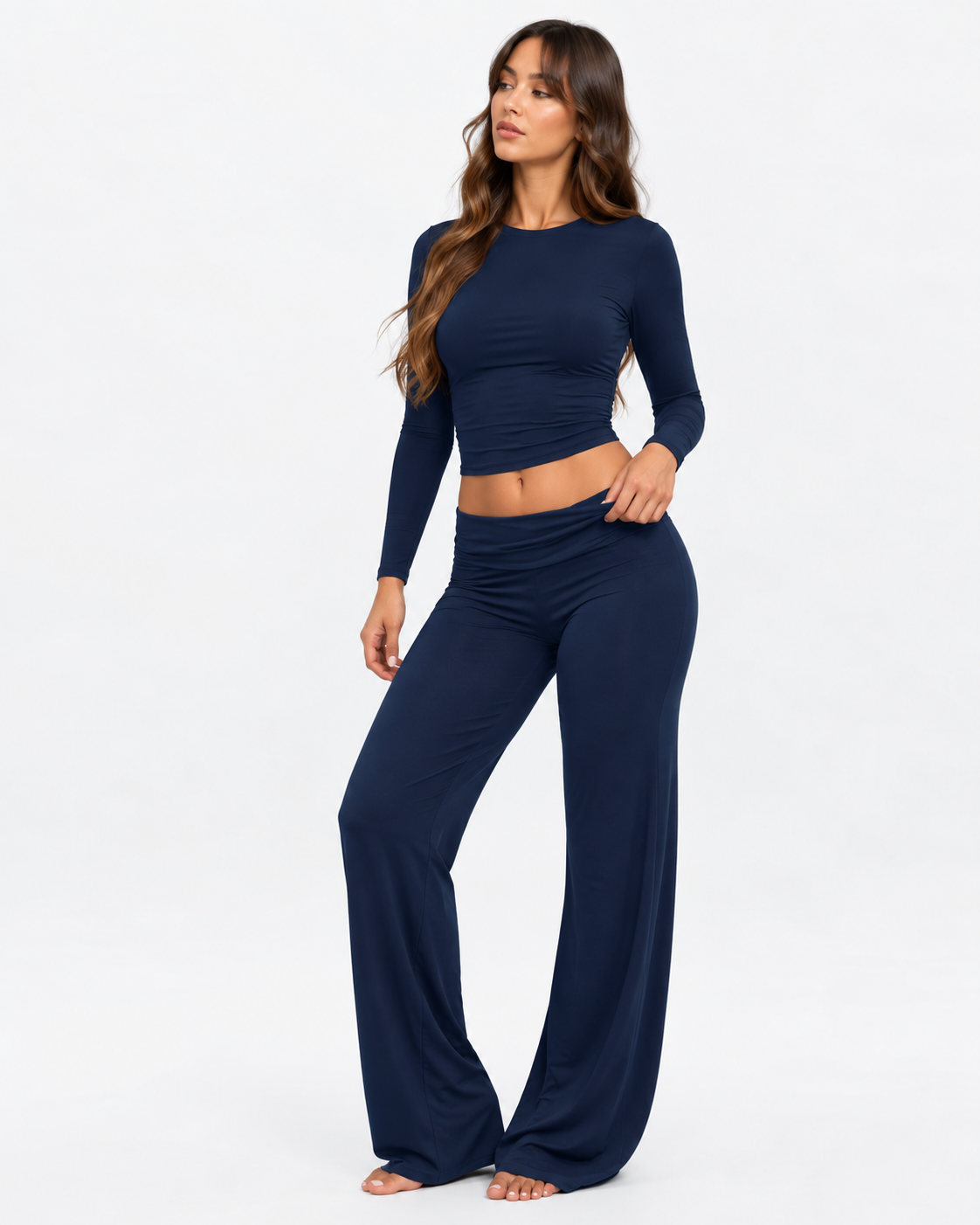 Fitted Long-Sleeve Top & Fold-Over Flare Pants Set