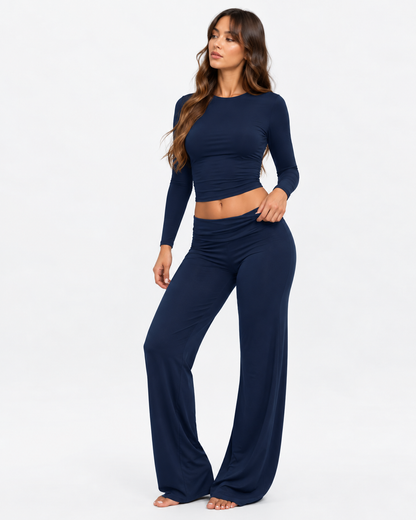 Fitted Long-Sleeve Top & Fold-Over Flare Pants Set