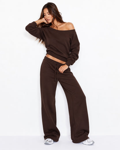 Off-Shoulder Relaxed Sweatshirt & Wide-Leg Pants Set