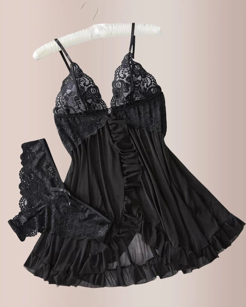 Lace Mesh See-Through Nightgown Set