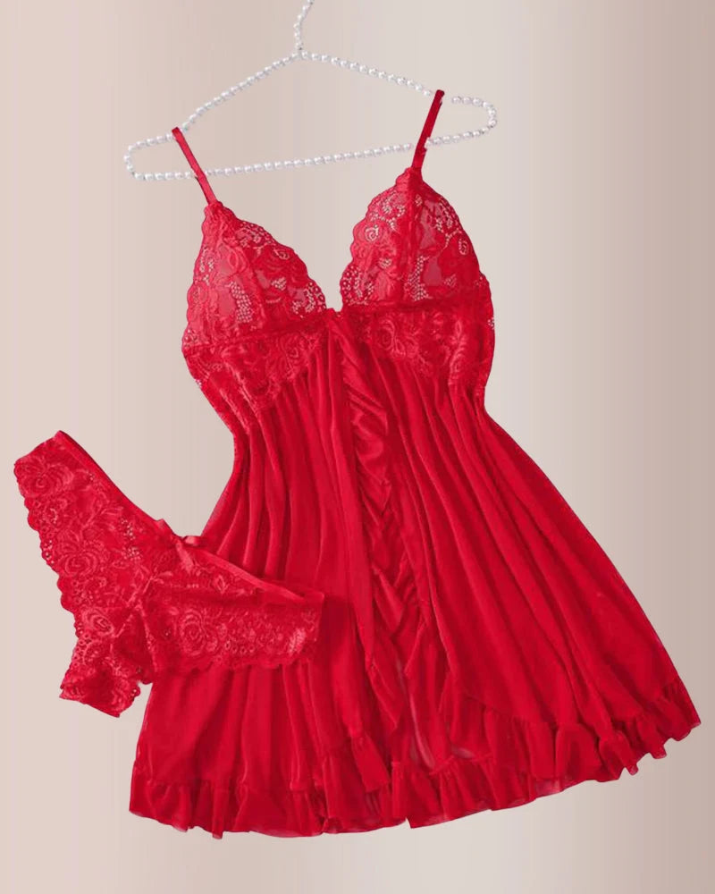 Lace Mesh See-Through Nightgown Set